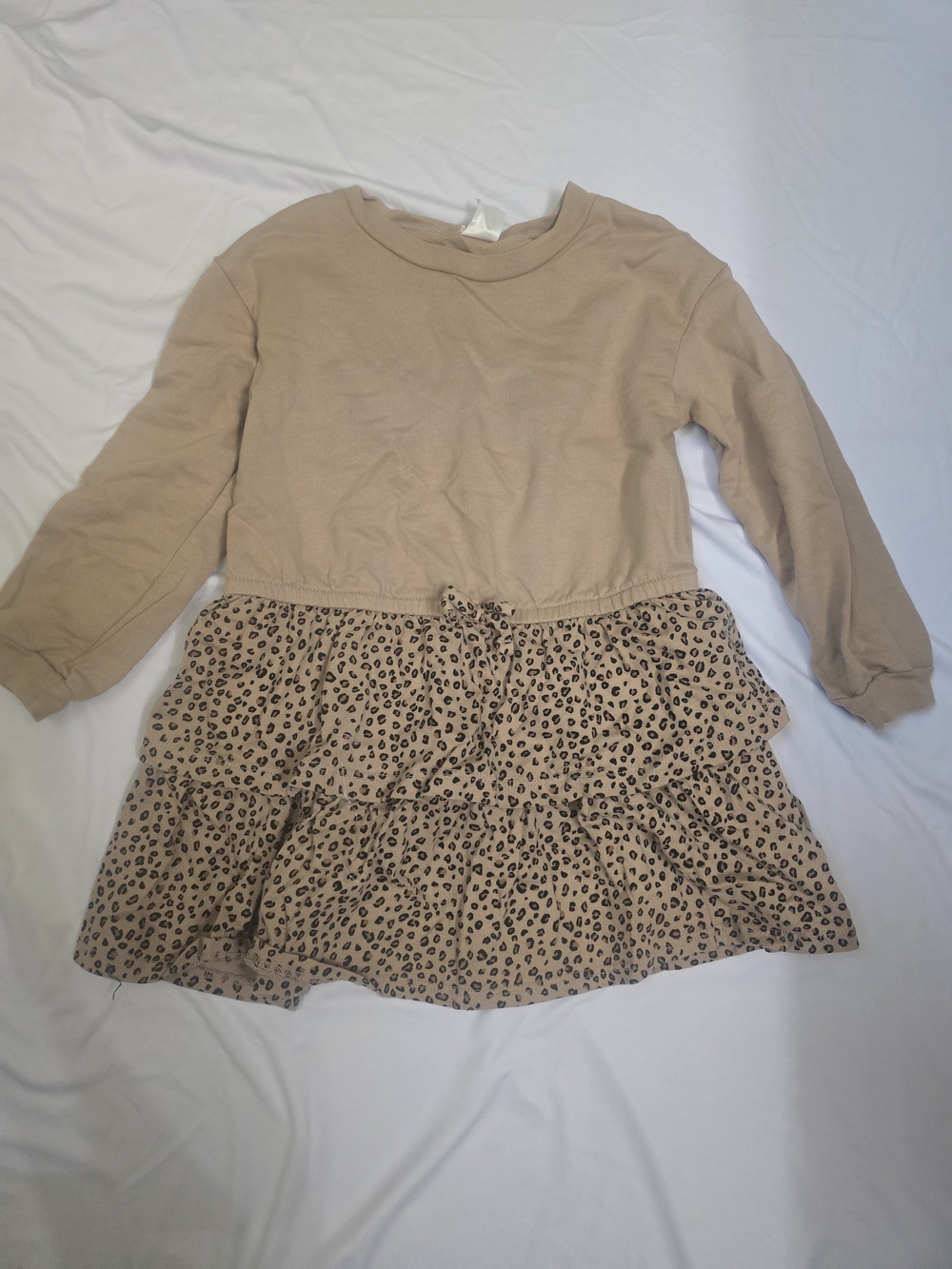 Beige Long Sleeve Tiered Leopard Print Dress